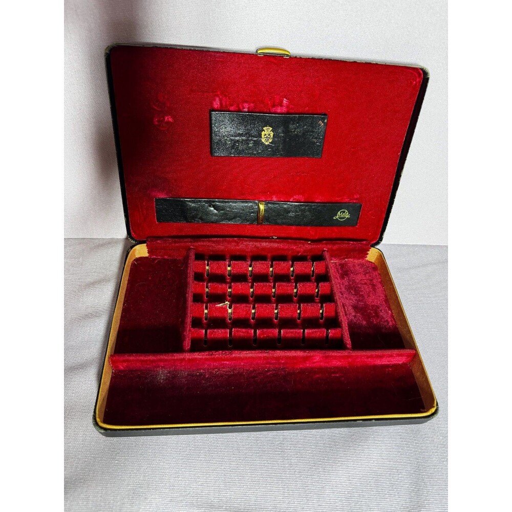 Vintage Mele Jewelry Box Travel Case Black Red Velvet Equestrian Crest